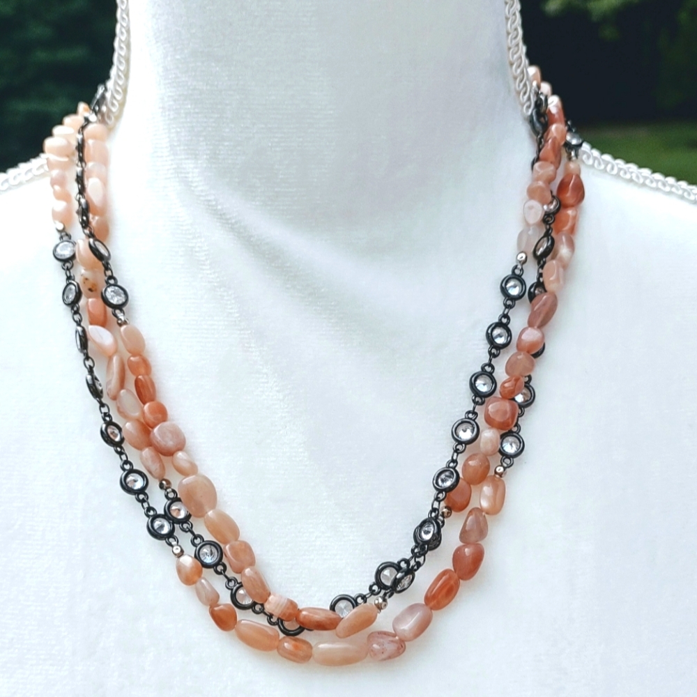 Natural Peach Moonstone Gunmetal Crystal Link Necklace